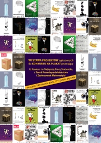 Kolaż z nadesłanych prac na plakat na Konkurs na Najlepszą Pracę Studencką z Teorii Prawdopodobieństwa i Zastosowań Matematyki - w centrum kolażu znajduje się ogłoszenie o konkursie