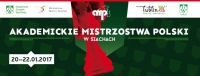 Baner dotyczący Akademickich Mistrzostw Polski w Szachach, przedstawiający oprócz tekstu czerwoną wieżę szachową na zielonym tle